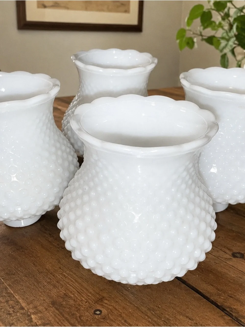 Set of 4 Vintage White Milk Glass Hobnail Lamp Shades Globes Scalloped Rim